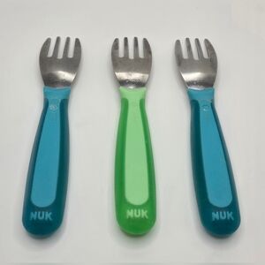 NUK Kiddy Cutlery Forks, Durable Stainless 3 Count Blue + Green GUC